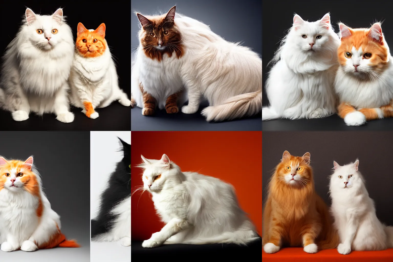 Prompt: a portrait of a long-haired white cat and an orange tabby cat, professional lighting, black background, medium format photography