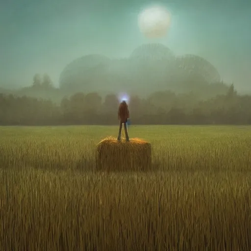 Prompt: giant mech stands over hay field by simon stalenhag, atmospheric haze, children below look up, misty evening, sci fi digital painting, unreal engine 5, photorealism, hd quality, 8 k resolution, cinema 4 d, 3 d, cinematic, professional photography, art by artgerm and greg rutkowski and alphonse mucha and loish and wlop