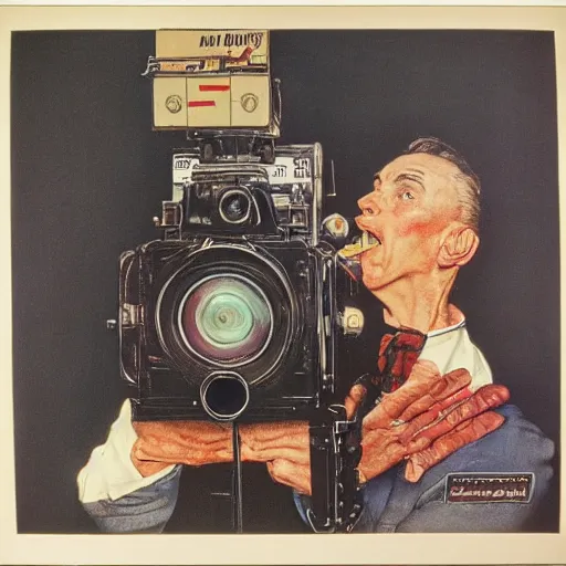 Image similar to norman rockwell painting of a man holding a large television - video - camera