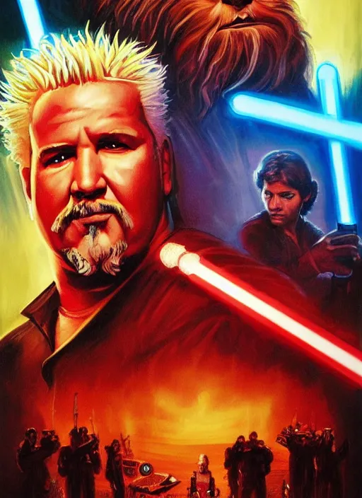 Prompt: epic cinematic poster artwork for featuring portraits for lost star wars film featuring portrait of guy fieri, moody painting by drew struzan, beautiful backlit, colorful, iconic composition, epic award winning, artstation, extremely detailed, flare, photorealistic, 4 k