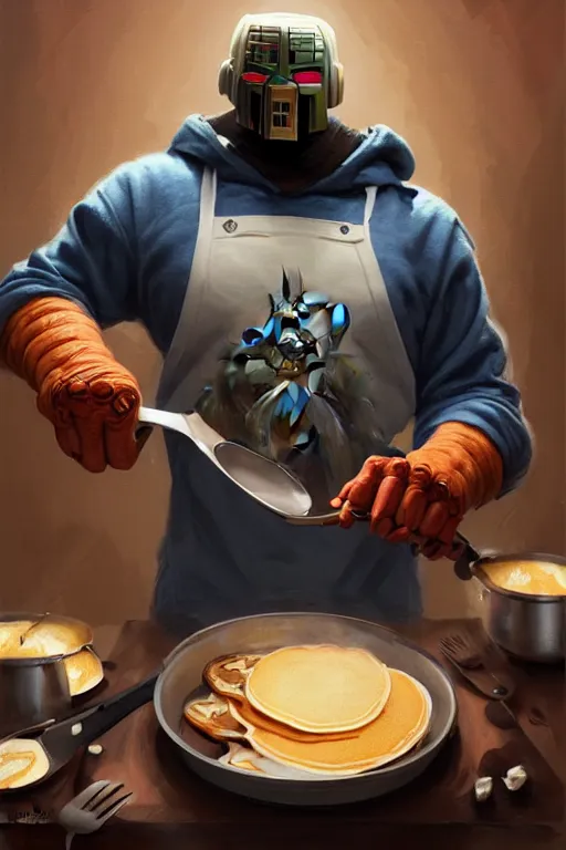 Image similar to mf doom as cooking pancakes animation pixar style, shaded lighting poster by magali villeneuve, artgerm, jeremy lipkin and michael garmash, rob rey and kentaro miura style, trending on art station