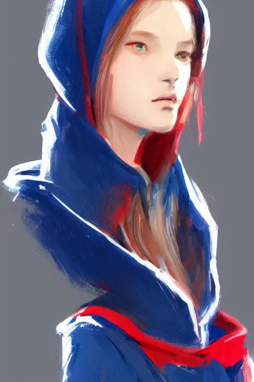 Prompt: a girl wearing a red and blue hoodie, artstation