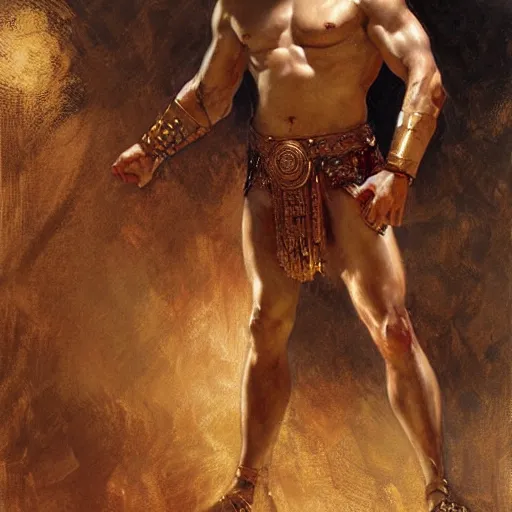 Prompt: Young greek god, muscular, greek armor, detailed face, thighs, painting by Gaston Bussiere, Craig Mullins