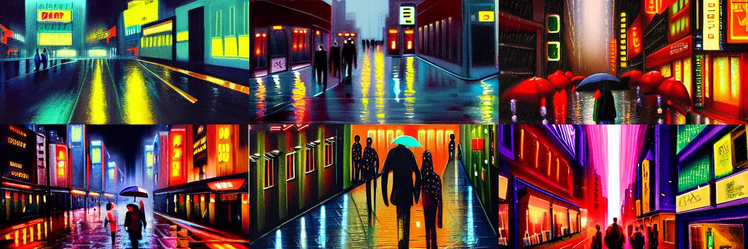 Prompt: rain falling at night on neon light lit city street with lots of people walking, Bladerunner, tears in the rain, cyberpunk, noir, oil on canvas