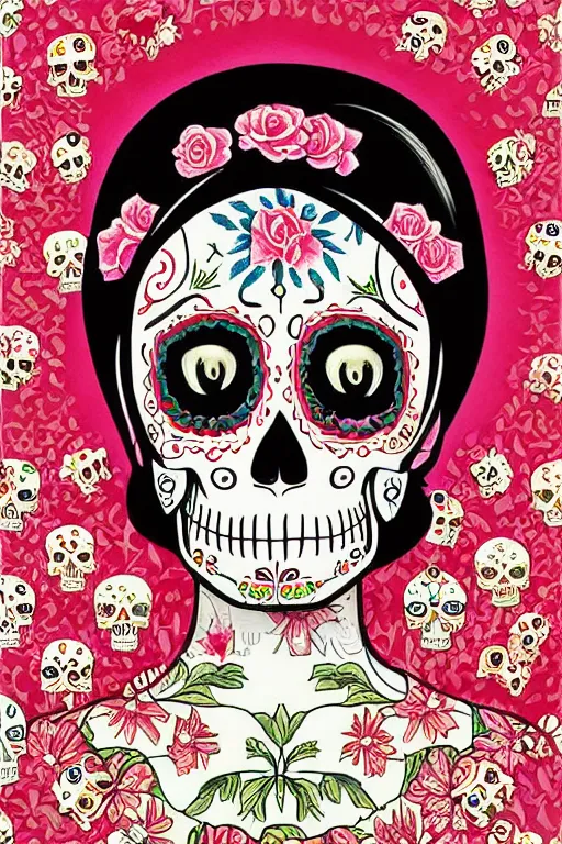 Image similar to Illustration of a sugar skull day of the dead girl, art by hasui kawase