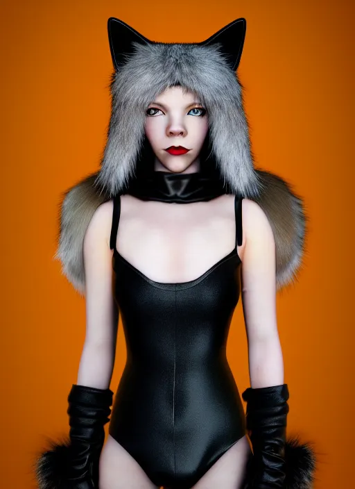 Prompt: full body environmental portrait photo of dressed catgirl anya taylor - joy, cat ears, fur, glamour shot by gemmy woud - binnendijk, chris knight, photorealistic, canon r 3, high fashion photography, elegant, luxury and elite, symmetry, octane render, unreal engine, solid dark grey background, dramatic studio lights, high fashion journal cover