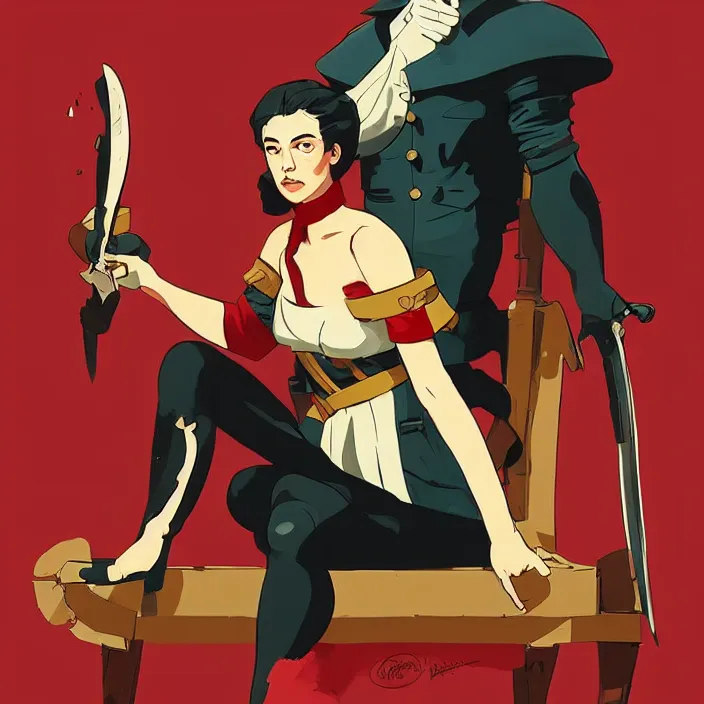 Prompt: french revolutionary sitting on a bloody throne, in the style of artgerm and atey ghailan and mike mignola, vibrant colors and hard shadows and strong rim light, plain background, comic cover art, trending on artstation