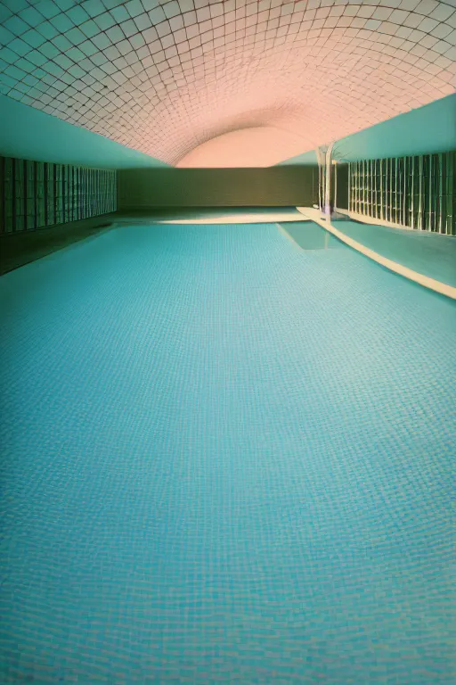 Prompt: non euclidean tiled curving swimming pool tunnels into infinity, 1 9 6 0 s, color bleed, ektachrome photograph, volumetric lighting, f 8 aperture, cinematic eastman 5 3 8 4 film stanley kubrick