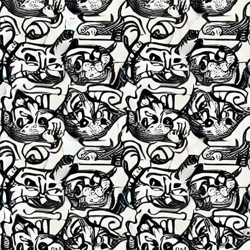 Prompt: drawing realistic stylized cute smiling cats in the style of escher repeating pattern. symmetric. detailed. hd