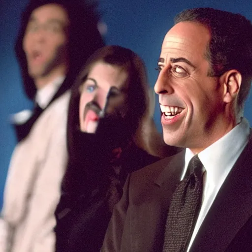 Image similar to Jerry Seinfeld with lots of scary looking realistic sharp pointy teeth, highly detailed movie still