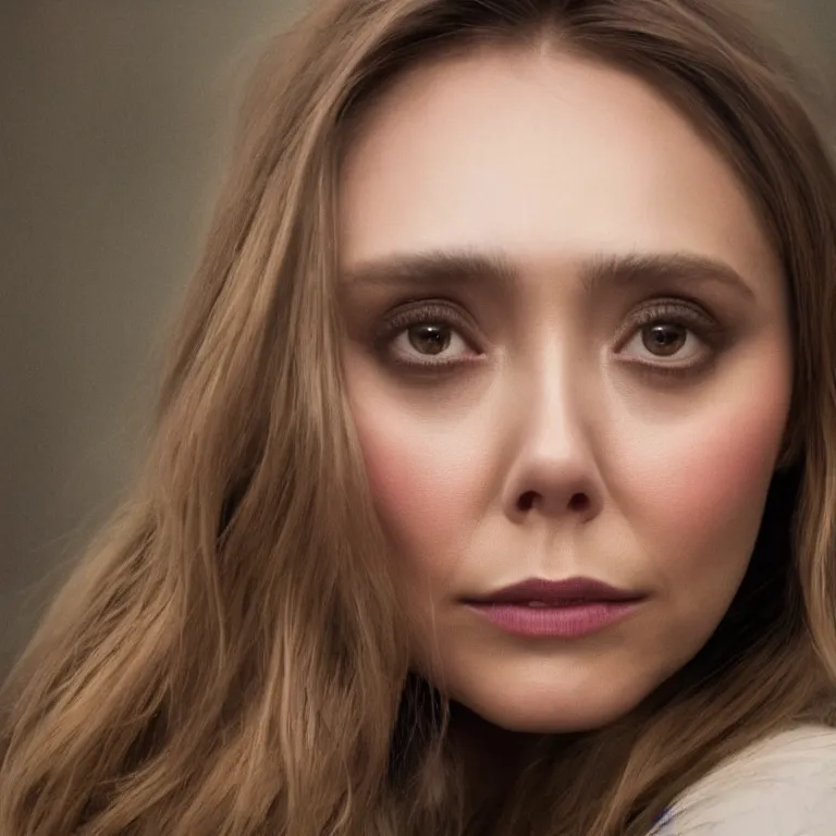 Prompt: A portrait of Elizabeth Olsen in the style of Arcane, 8k, photorealistic imagery, 35mm photography