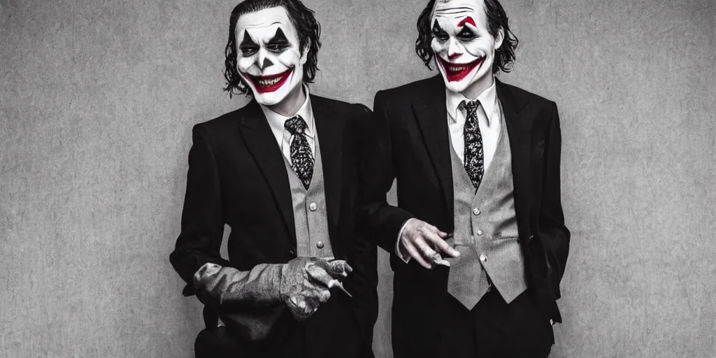 Image similar to joker wearing a suit style, photograph, grinning, creepy,