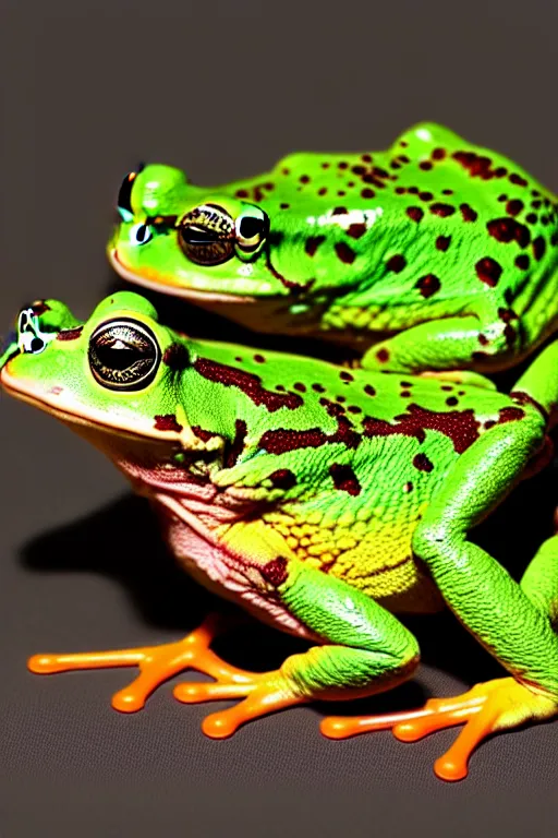 Prompt: frog battle toad versus parrot, intricate details. front on, symmetrical. industrial design. good design award, innovative product concepts, most respected design