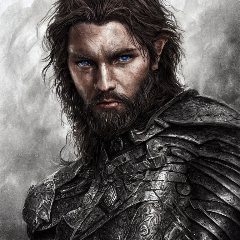 Image similar to fantasy art of a male human warrior, lord of the rings, poster, finely detailed face delicate features, black full beard, full body, realistic, sharp focus, 8 k high definition, insanely detailed, intricate, elegant, character portrait, portrait, close up, concept art