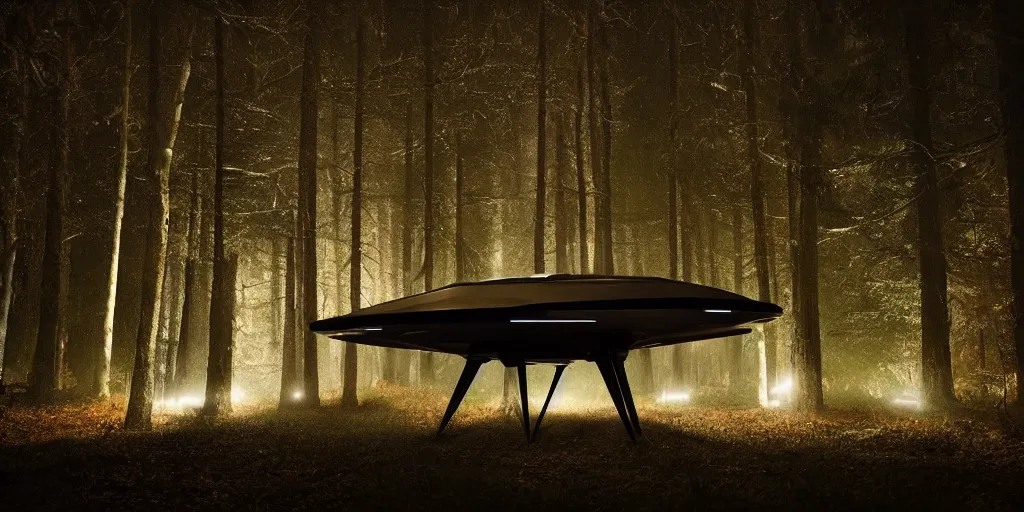 Image similar to an alien craft landed in the woods, shiny and metallic, night time, volumetric fog, wide shot, cinematic lighting, horror movie
