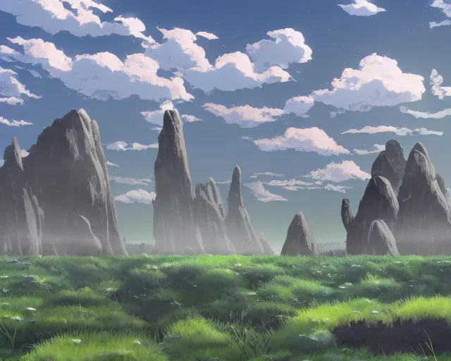 Image similar to landscape of flat wastelands, thin rocky spikes, studio ghibli style, hayao miyazaki, award winning photograph, highly detailed, artstation, hd wallpaper