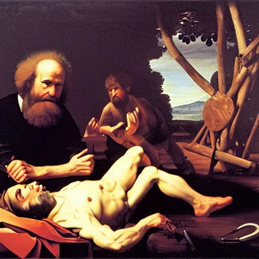 Image similar to the death of bob ross, by caravaggio,