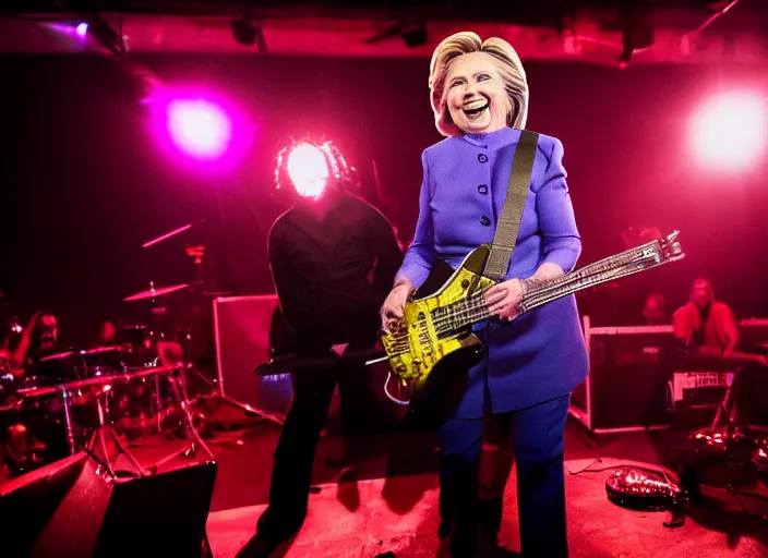 Image similar to publicity photo still of hillary clinton in a death metal band playing live on stage, 8 k, live concert lighting, mid shot