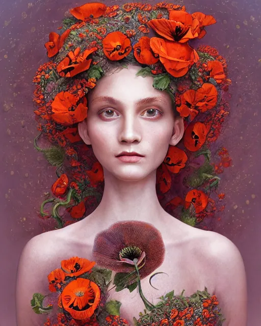 Image similar to unique non-conventional beautiful goddess of poppy, poppy flowers, dry poppy heads, surreal, fantasy, intricate, elegant, dramatic lighting, emotionally evoking symbolic metaphor, highly detailed, ornate designs, organic designs, lifelike, photorealistic, painterly, digital painting, painterly, artstation, concept art, smooth, sharp focus, illustration, art by John Collier and Krenz Cushart and Artem Demura and Alphonse Mucha and Albert Aublet,