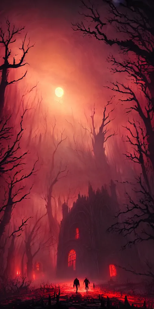 Prompt: abandoned bloodborne old valley with a person at the centre and a werewolf at the end of the valley, trees and stars in the background, falling petals, epic red - orange sunlight, perfect lightning, illustration by niko delort