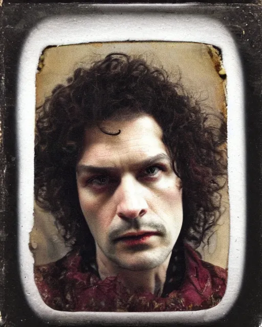 Prompt: an instant photo of a beautiful but sinister man in layers of fear, with haunted eyes and curly hair, 1 9 7 0 s, seventies, delicate embellishments, a little blood, crimson, painterly, offset printing technique, mary jane ansell