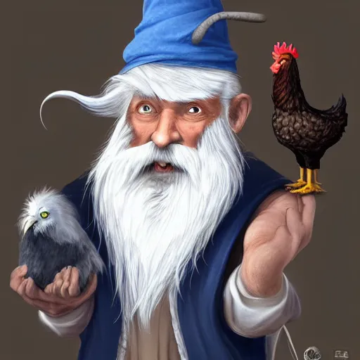 Image similar to character concept art of a kind old wizard with a long white beard looking a confused, holding a pet chicken perched top of his hat, wearing a blue robe, grey eyes, realistic, detailed, trending on ArtStation, by Tony Sart