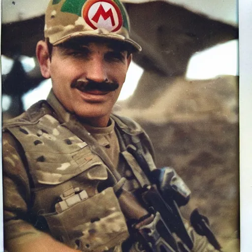 Prompt: Super Mario at Afghanistan war, old polaroid photo