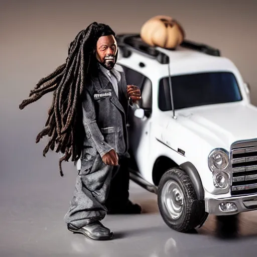 Image similar to black man action figure with dreads standing on top of a black rc pickup truck, close up photograph, white background
