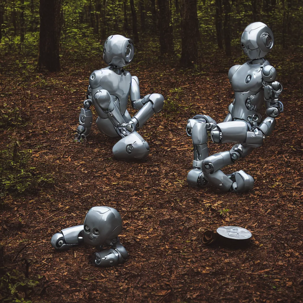 Image similar to translucent robot sitting by a campfire in the woods at night, back turned, award winning photograph, sigma 8 5 mm f / 8, hyperrealistic, somber, contemplative, moody
