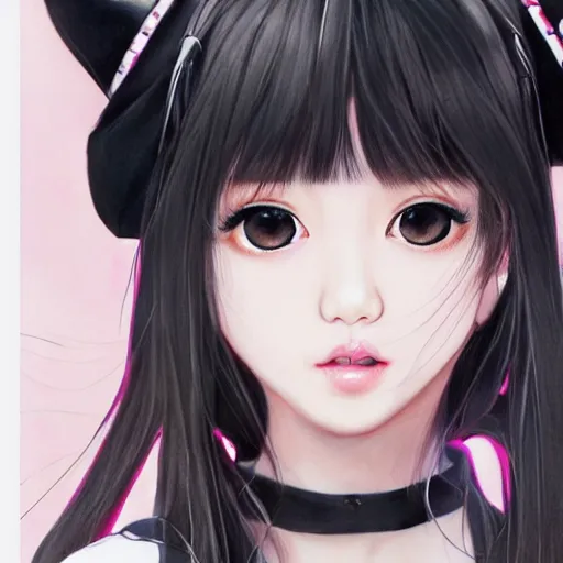 Image similar to realistic detailed semirealism beautiful gorgeous cute Blackpink Lalisa Manoban wearing Japanese school uniform, black hair black cat ears, black leather choker, proportional body, WLOP, Aztodio, Taejune Kim, sakimichan, ArtGerm, Pixiv, Instagram, Artstation