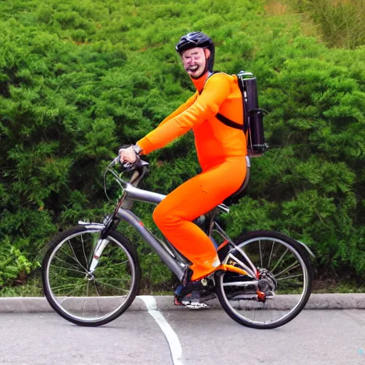 Image similar to pepe cyclist, orange road bike, jetpack, beer, helmet