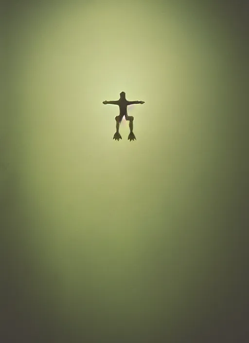 Image similar to “semitranslucent smiling frog vertically hovering over misty lake waters in crucifix pose, low angle, long cinematic shot by Andrei Tarkovsky, paranormal, eerie, mystical”