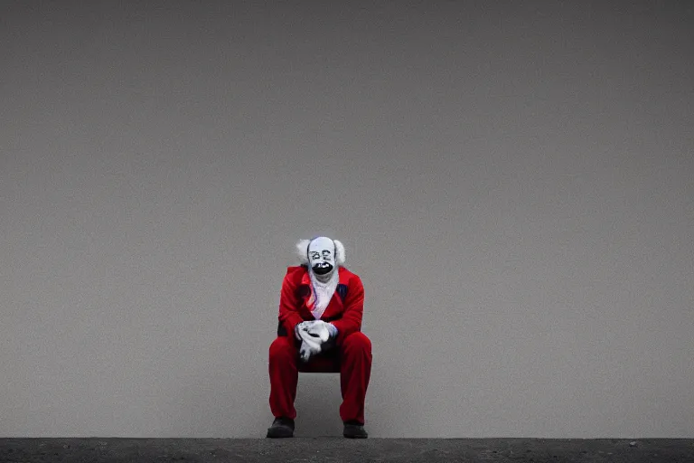 Image similar to photo of a clown staring at a distant crowd, isolated, depressing, moody, nostalgic, dramatic, 8 k uhd