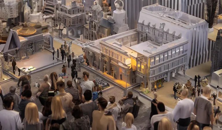 Image similar to crowd of people in simple white museum, looking at hologram of futuristic city on a table, cinematic concept art, godrays, golden hour, natural sunlight, 4 k, clear details, tabletop model buildings, center model buildings, hologram center, crane shot, crane shot, crane shot, white walls