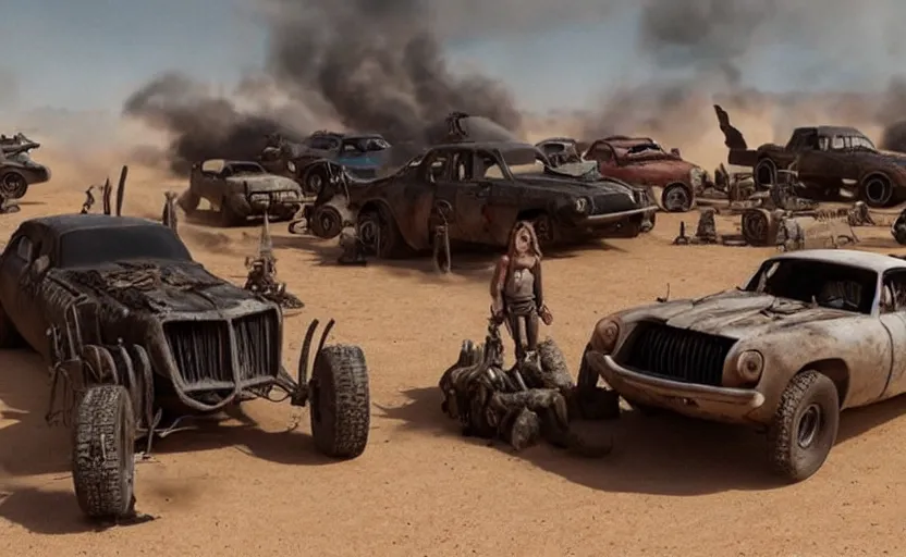 Prompt: mad max cars in a pixar movie with war boys