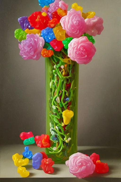 Prompt: painting of gummy flowers in a vase on a table, a surrealist painting by rachel ruysch, trending on deviantart, pop surrealism, surrealist, biomorphic, made of gummy bears flowers and jelly beans flowers, translucent gummy glowing texture