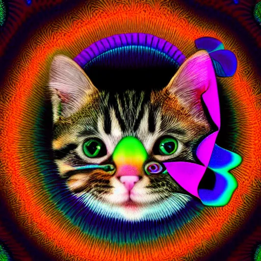 Image similar to existential kitten opart portrait with surreal trippy fractal background by victor moscoso and miyazaki and pascal blanche and amanda sage and harry clarke, highly saturated pink orange green and yellow, ultra wide angle lens distortion extreme perspective, 8 k, artstation