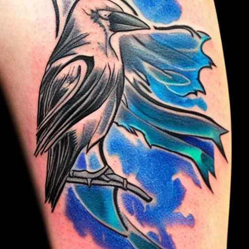 Prompt: raven, jioness, forest, blue flame, moon, tattoo art by Bryan Alfaro, award winning tattoo concept, highly detailed,