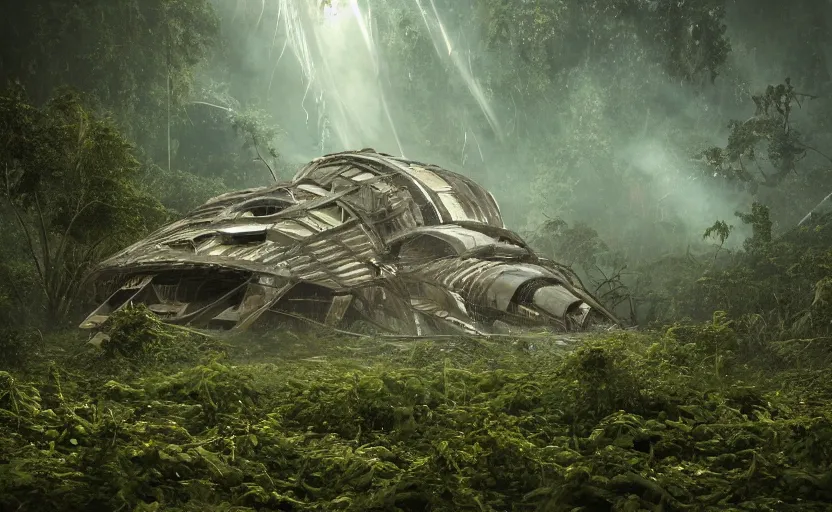 Image similar to a giant derelict metallic symmetrical spaceship crashed in a dense rainforest and broken into pieces, covered with vines, tribal people nearby, foggy atmosphere, sharp details, photorealistic, octane render, god rays, cinematic lighting, immense scale