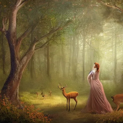 Image similar to a painting of a woman standing in a forest with deer, a storybook illustration by louise abbema, cgsociety, magical realism, reimagined by industrial light and magic, volumetric lighting, cinematic lighting