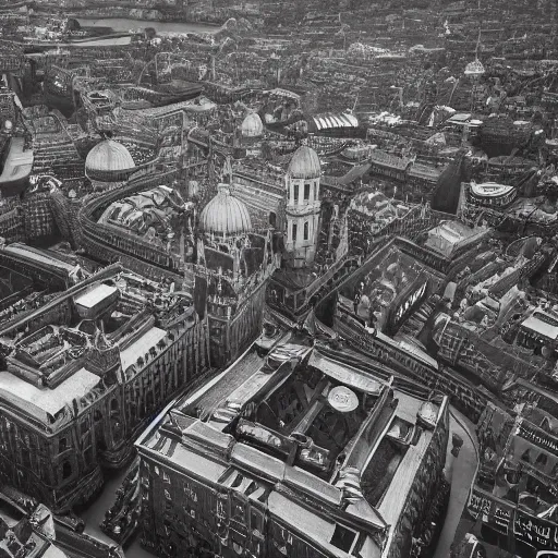 Prompt: a drone shot of Victorian London, aerial view, photograph, photorealistic, detailed, sharp image, 8k SDR, award-winning, beautiful,