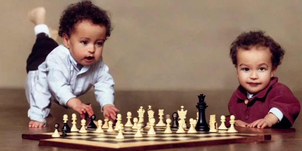 Image similar to a very smart baby playing chess with professor Albert Einstein