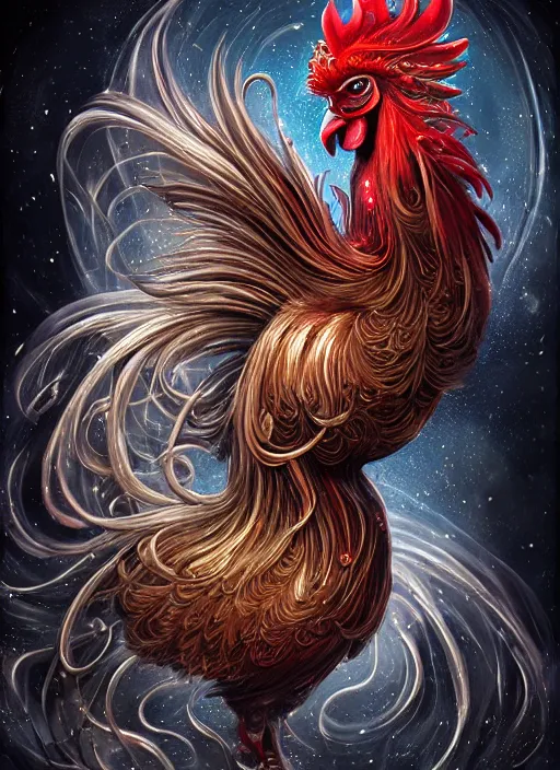 Image similar to a wlop 3 d render of very very very very highly detailed beautiful mystic portrait of a phantom undead rooster with whirling galaxy around, tattoos by anton pieck, intricate, extremely detailed, digital painting, artstation, concept art, smooth, sharp focus, illustration, intimidating lighting, incredible art,