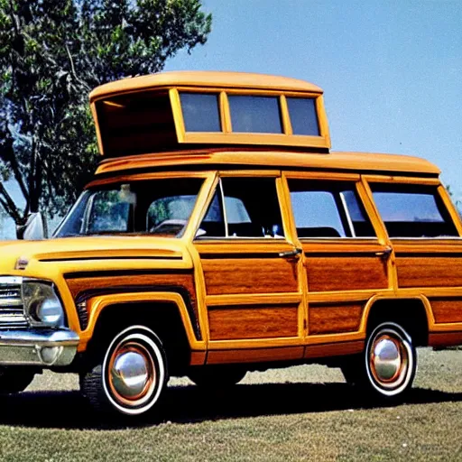 Prompt: 1 9 7 0's woody station wagon in the style of cybertruck