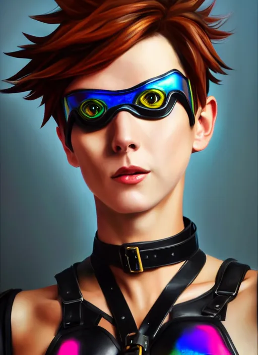 Image similar to oil painting digital artwork of tracer overwatch, confident pose, wearing black iridescent rainbow latex, 4 k, expressive happy smug expression, makeup, in style of mark arian, wearing leather collar, wearing sleek armor, black leather harness, expressive detailed face and eyes,