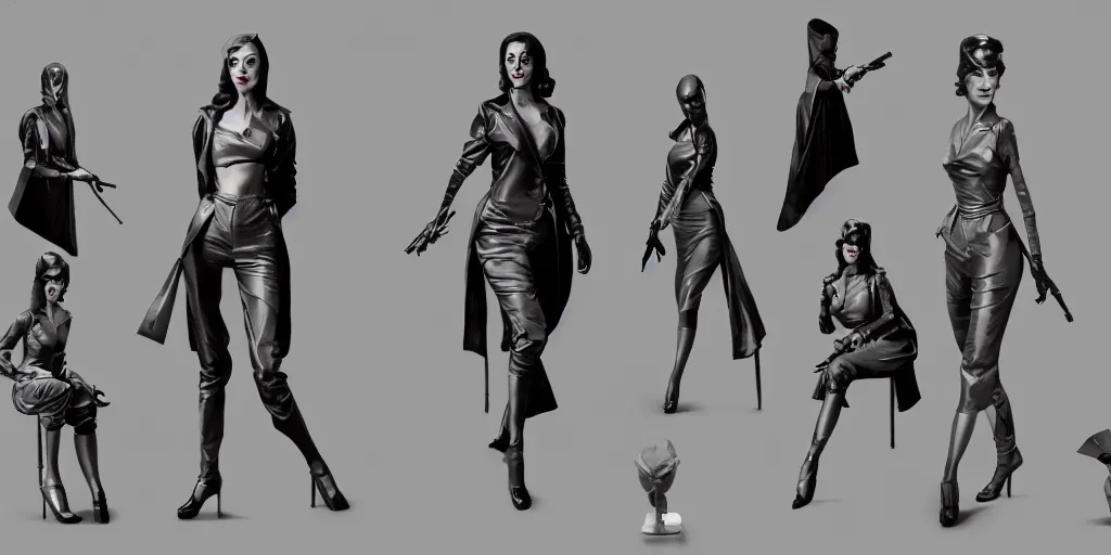 Image similar to film noir woman, character sheet, concept design, contrast, hot toys, kim jung gi, greg rutkowski, zabrocki, karlkka, jayison devadas, trending on artstation, 8 k, ultra wide angle, pincushion lens effect