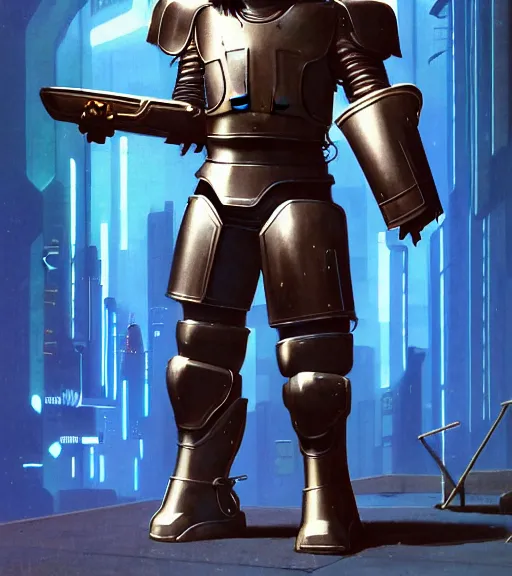 Prompt: a large cyberpunk paladin in rounded heavy plate armor with large shoulder pads and a spartan helmet and a very large shield he is holding a large axe in a cyberpunk setting, 1 9 6 9 omni magazine cover, style by vincent di fate, artgerm, cyberpunk 2 0 7 7, very coherent, detailed, 8 k resolution, unreal engine, daz