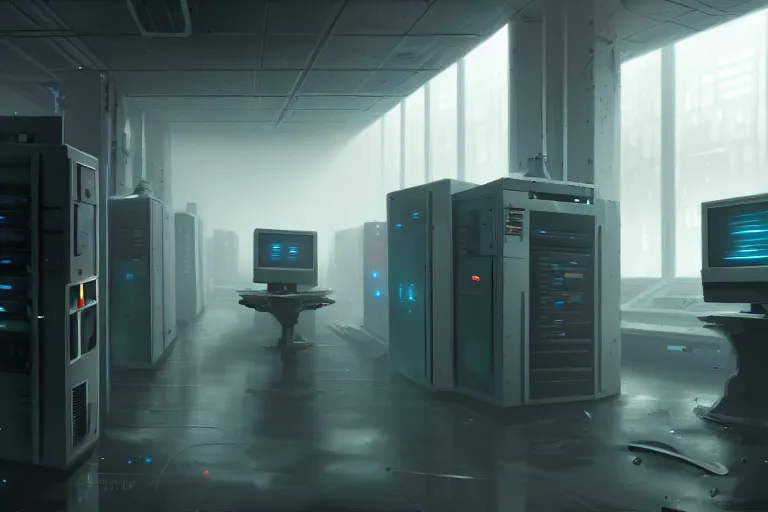 Image similar to gloomy ruined server room in datacenter painting concept art of half - body robot, sharp focus, smoke, artillery, pacing, computers, racks, motherboard, by pascal blanche rutkowski artstation detailed matte painting, 4 k resolution