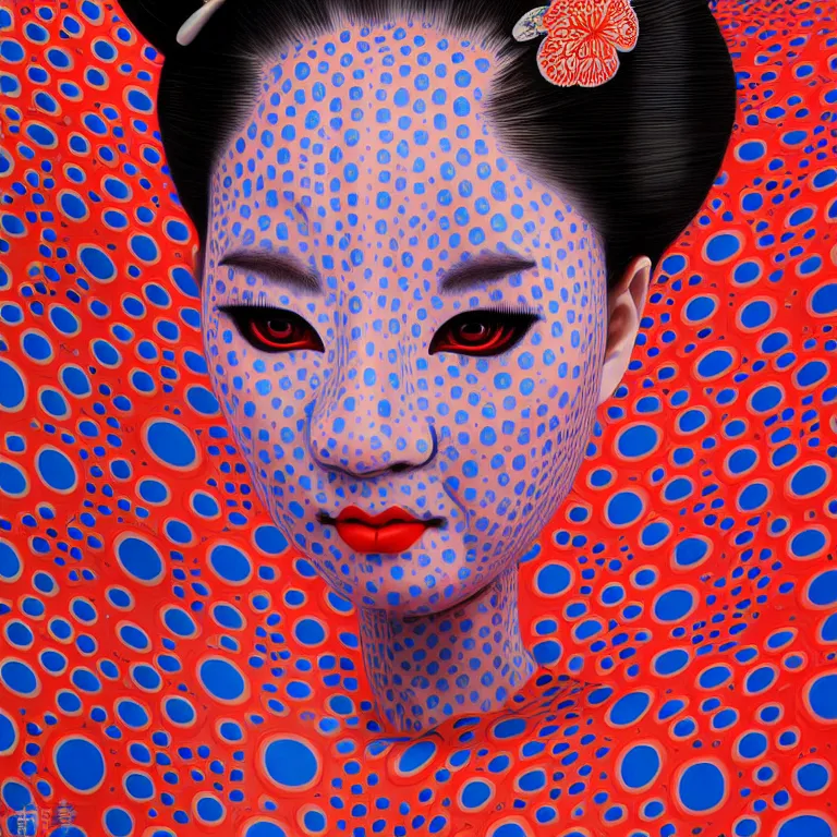 Image similar to hyperrealistic detailed image of a geisha in a art installation room, hd smooth interior by yayoi kusama, part by kei mieno, part by ross tran, dark art by james jean, ultra realistic, highly detailed, life like face, detailed body, 8 k, 3 d render by roger magrini, masterpiece