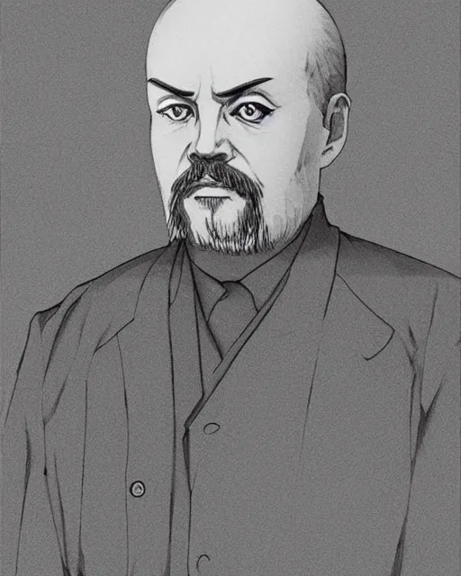 Prompt: Digital state-sponsored anime art of Lenin by A-1 studios, serious expression, empty warehouse background, highly detailed, spotlight